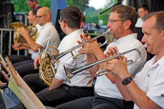 Members of the DSO brass section playing at one of our parks concerts