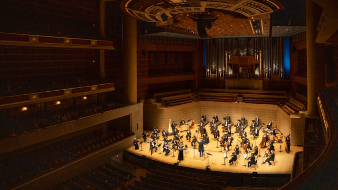 Dallas Symphony Orchestra performs on stage at the Morton H. Meyerson Symphony Center